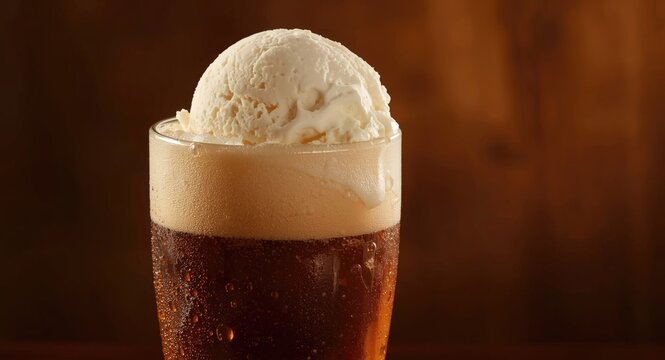 Chilled root beer float topped with creamy ice cream