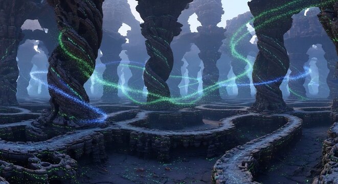 Mystical Ancient Ritual Chamber with Ethereal Beings and Energy Streams.