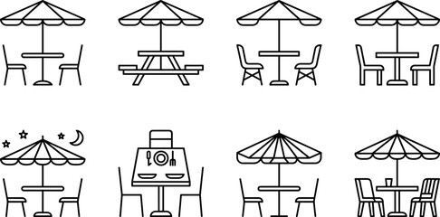 Outdoor Patio Dining and Umbrella Icon Collection with Cafe Table Seating and Summer Terrace Vector Illustrations © KP Studio