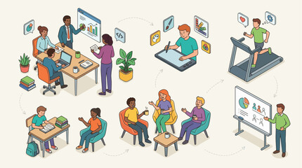 Fototapeta premium Diverse Urban People and Daily Life Isometric Vector Illustration Set