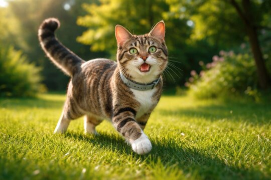 Playful domestic cat pet featuring parasite prevention collar on fresh green lawn full length view sunny summer copy space
