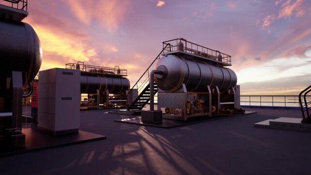 Massive cylindrical industrial pressure tanks and steam generators at an oil and gas facility under a vivid sunset sky. Perfect for energy, power plant, refinery, and heavy industry content.