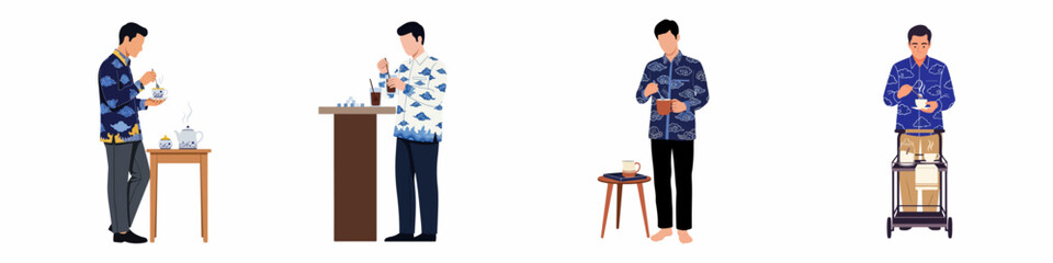 Obraz premium Set of illustrations featuring men in traditional Indonesian Megamendung batik shirts enjoying tea and coffee in various everyday scenarios.