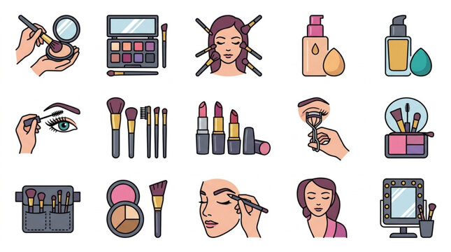 Collection of Makeup Products and Tools for Beauty Application.