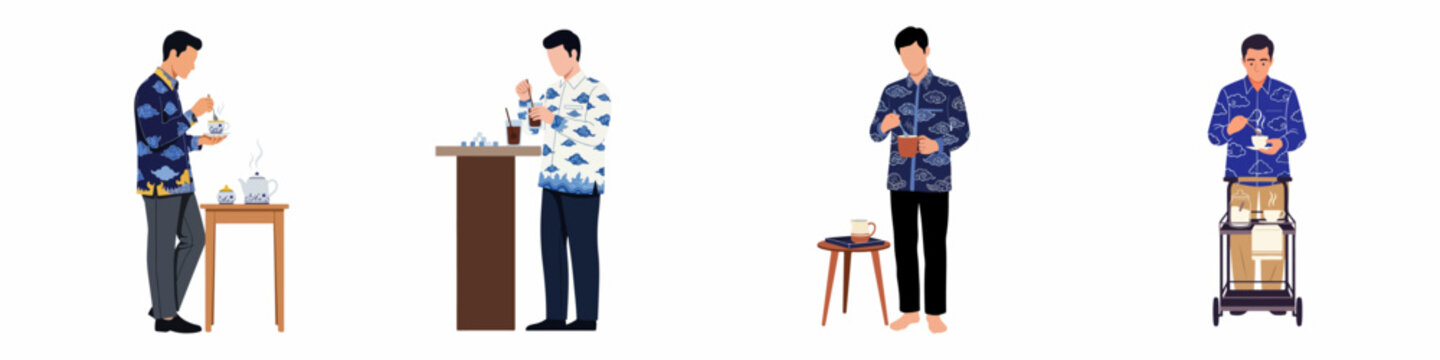 Set of illustrations featuring men in traditional Indonesian Megamendung batik shirts enjoying tea and coffee in various everyday scenarios.