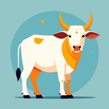 Illustration vectorielle vibrante d'un taureau blanc avec des cornes orange debout sur fond de cercle bleu