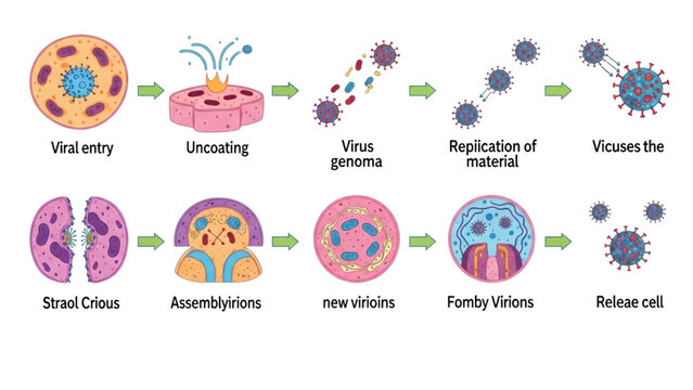 Viral Replication Cycle Vector Icon Sheet with Colorful Diagram Stages Cell Entry Synthesis and Release Microbiology Graphics Isolated Flat Icons Set