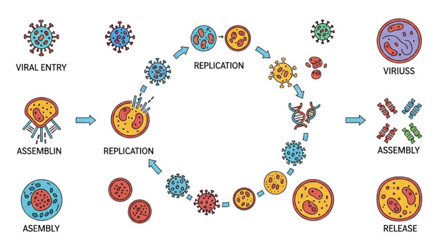 Viral Replication Cycle Vector Icon Sheet with Colorful Diagram Stages Cell Entry Synthesis and Release Microbiology Graphics Isolated Flat Icons Set