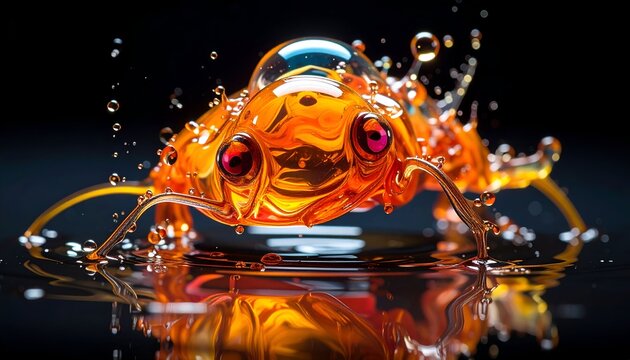 Orange, translucent beetle-like creature emerging from dark, reflective liquid