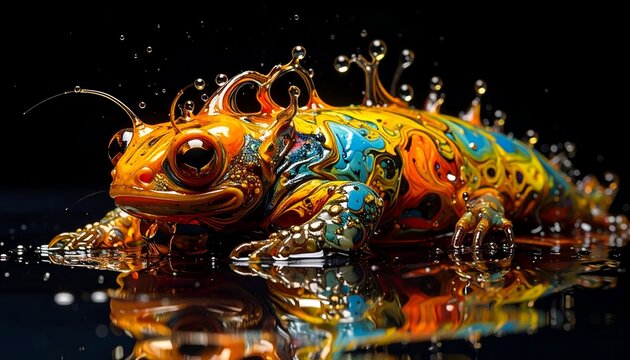 Ornate lizard with colorful, abstract patterns, reflected on a wet surface