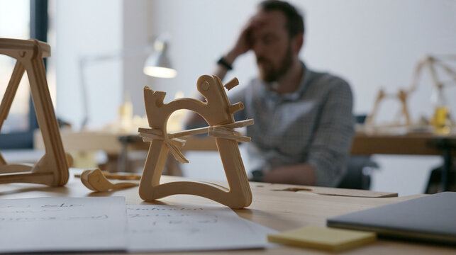 Tired entrepreneur checks a broken prototype on a workbench with correction notes in a realistic documentary small business scene