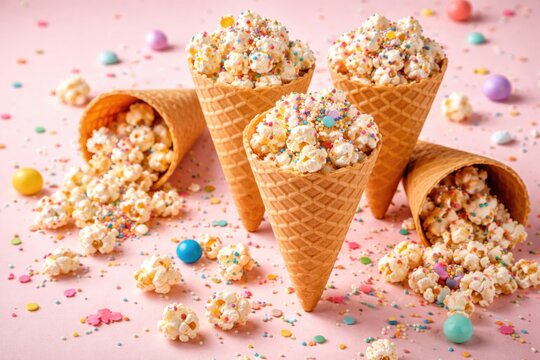 Playful rainbow sprinkled popcorn served in waffle cones on soft blush pink backdrop