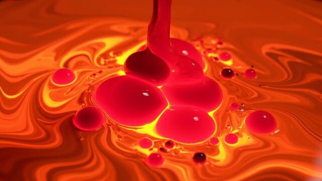 Vibrant red and orange liquid droplets creating abstract colorful patterns in close up
