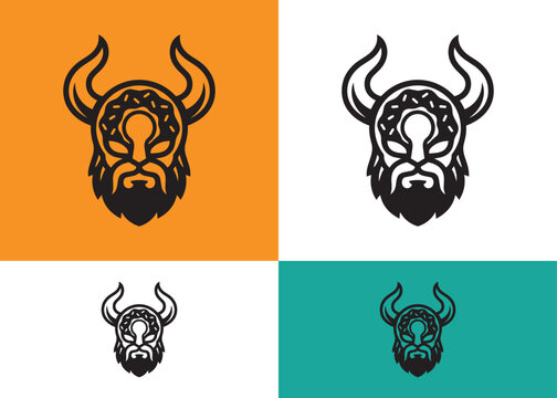 Viking warrior head with donut helmet and horns vector logo