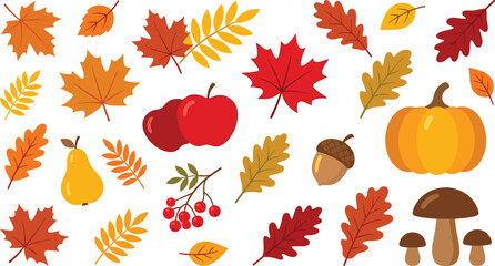 Flat Design Autumn Harvest Vector Element Set with Colorful Fall Leaves Pumpkin Apple Pear Mushroom and Acorn Clipart Icons © Rownok