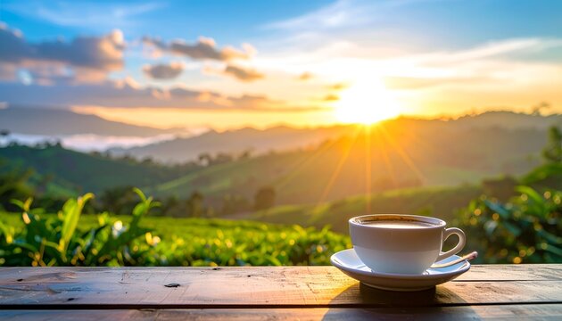 Coffee cup on wooden table, mountain view, dawn, golden light landscape