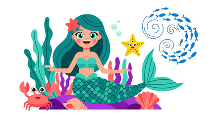 Fototapeta premium A vibrant cartoon illustration of a cheerful mermaid surrounded by various colorful sea creatures and underwater plants, set against a clean white background.