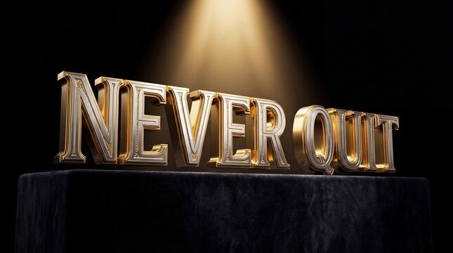 Gold letters on a black pedestal that read Never Quit