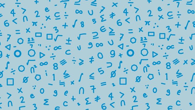 Seamless pattern vector of hand drawn blue math and science symbols, numbers, and equations isolated on blue background.