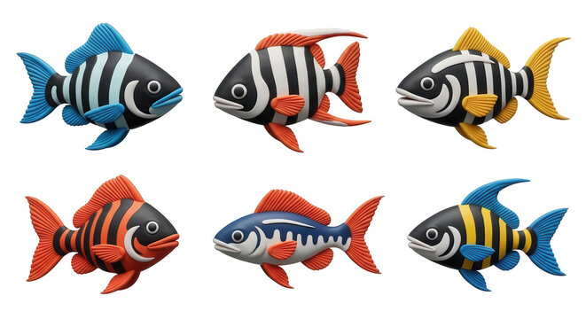 colorful clay fish models on a clean white background aquatic animal shapes for creative design or educational purposes