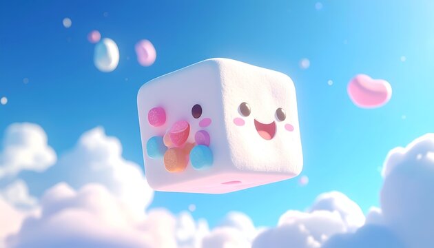Smiling fluffy cube character floats amid clouds & pastel candies in the sky