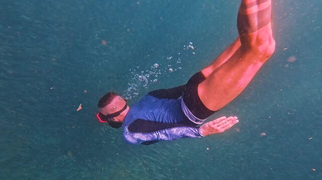 A diver wearing blue and black explores the clear ocean. He swims through a massive school of fish near a shallow coral reef during daytime