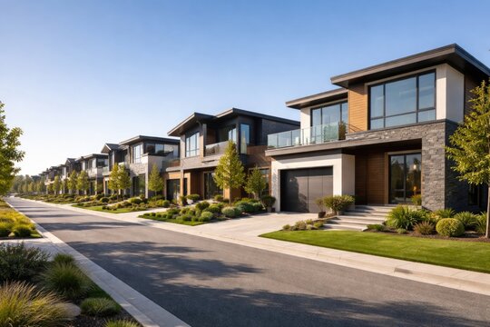 A row of stylish homes on a peaceful road beneath a cloudless sky