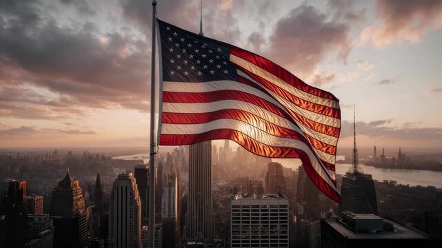 American flag waves gently in the wind above a cityscape at sunset.