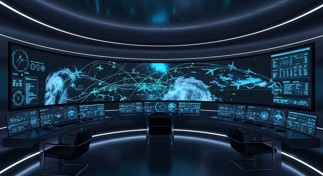 Command center monitors feature complex navigation interfaces for real-time tracking of oceanic shipping routes.