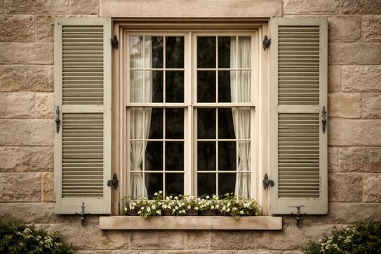 Old fashioned window with symmetrical muntins and shutters