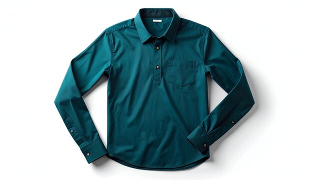 Teal collared shirt, long sleeve, buttoned cuffs and chest pocket, on white