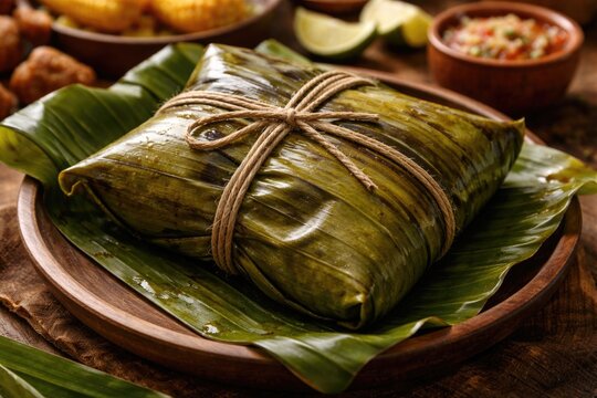 Native Colombian tamale wrapped with vibrant banana leaves