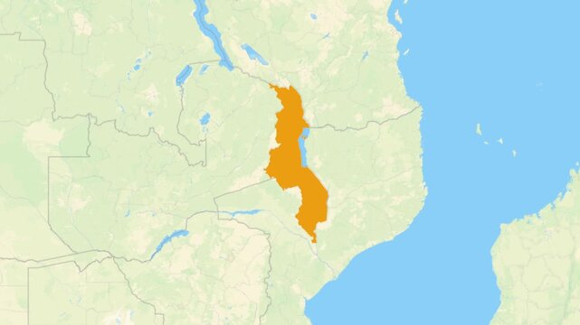 Zoom in on a Country from a Stylised World Map Malawi
