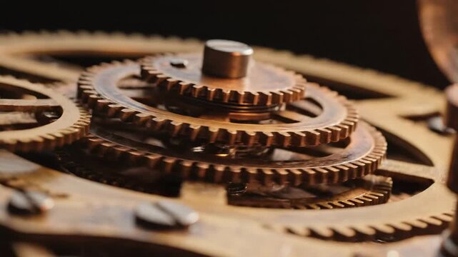 Intricate brass gears interlock with precision, showcasing the complex mechanical workings of a vintage timepiece mechanism, representing innovation, engineering, and the passage of time through