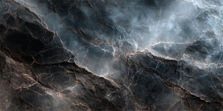 A dark storm cloud and mist roll over an old stone wall background at night under the faint light of a blue sky