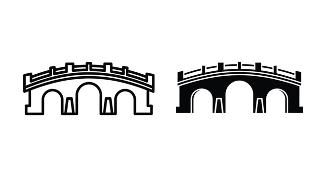 Set of two bridge icons, traditional arched stone bridge with railings, vector illustration