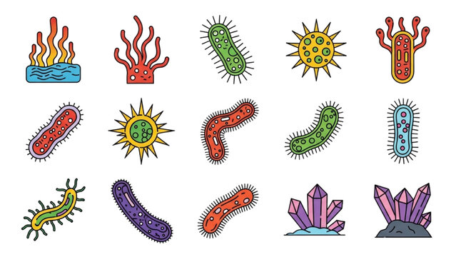 Extremophile Vector Icon Sheet with Colorful Archaea Bacteria Extreme Environments Thermal Pool Acid Mine Microbiology Science Graphics Isolated Icons Set