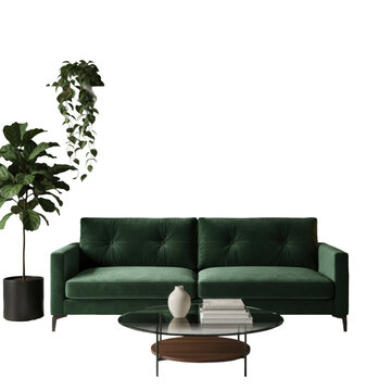A photorealistic modern living room with a plush emerald velvet sofa, glass coffee table, fiddle leaf fig, and concrete wall, bathed in cinematic lighting, evoking a feeling of calm, high-end