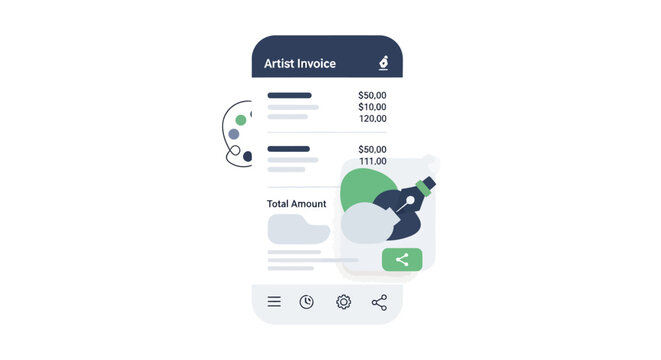 Artist Invoice Mobile App Interface Illustration, Creative Freelancer Billing and Accounting App UI on Smartphone Screen, Digital Payment and Finance Management for Artists