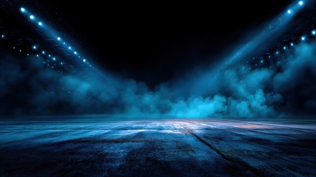 Abstract stage with blue spotlights and smoke