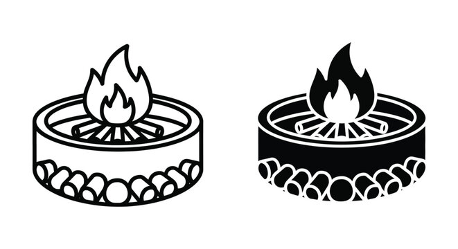 Fire pit icon set, outdoor fireplace with burning wood logs, vector illustration