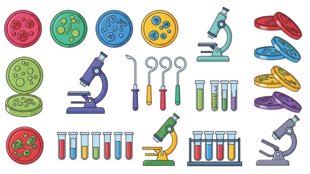 Microbiology Lab Equipment Vector Icon Sheet with Colorful Petri Dishes Microscopes Test Tubes Inoculating Loops Science Graphics Isolated Icons Set