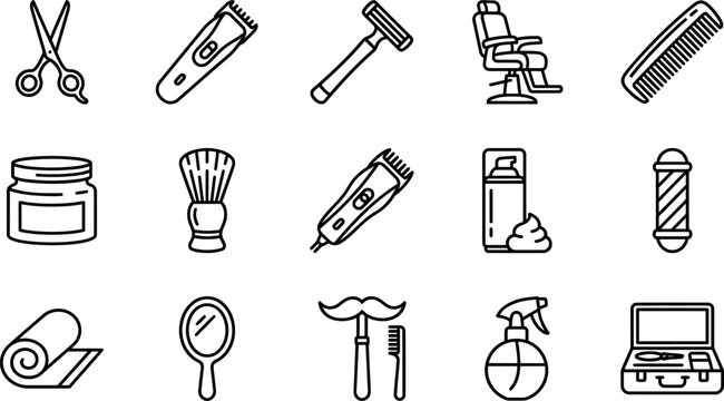 Line style icons of various barber tools and equipment for grooming and styling services