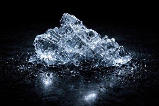 single cluster of fractured ice resting on a dim black base