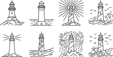 Fototapeta premium Vintage Lighthouse Outline Icon Set with Coastal Beacon Towers Ocean Waves and Maritime Navigation Vector Illustrations