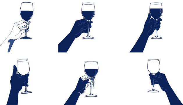 Collection de mains silhouett&eacute;es bleues tenant des verres de vin sur fond transparent