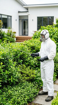 Exterminator in protective suit spraying insecticidal chemicals on garden shrubs near house. Pest control specialist performing outdoor disinfection and deratization service. Professional work.
