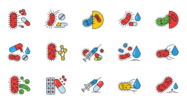 Antibiotic Resistance Vector Icon Sheet with Superbug Bacteria Resisting Medicine Pill Immunity Germ Mutation Medical Science Graphics Isolated Icons Set