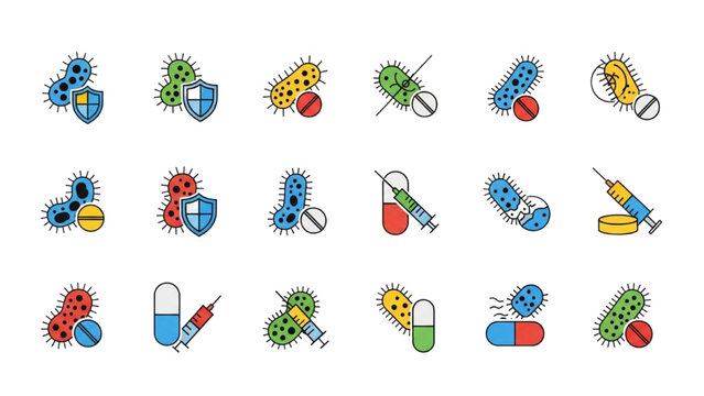 Antibiotic Resistance Vector Icon Sheet with Superbug Bacteria Resisting Medicine Pill Immunity Germ Mutation Medical Science Graphics Isolated Icons Set