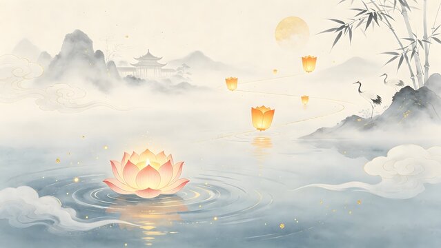 Chinese zhongyuan Festival greetings for river lanterns and kung Ming lanterns